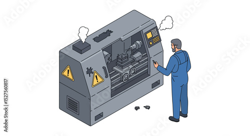 Technician diagnosing malfunctioning industrial machine in workshop vector illustration