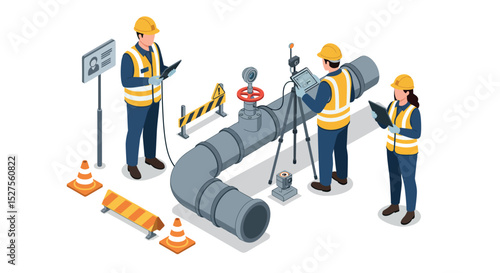Construction team inspecting pipeline with safety equipment and tools on site vector illustration