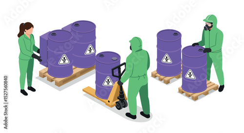 Workers in protective gear handling hazardous material barrels safely vector illustration