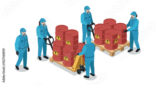 Male workers handling hazardous material barrels with protective gear vector illustration