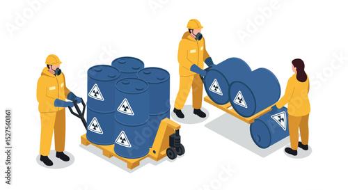 Workers handling hazardous waste containers with safety gear vector illustration