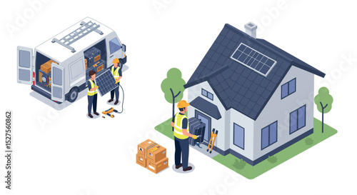 Installation of solar panels on residential roof by workers vector illustration