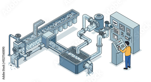 Engineer operating water treatment plant control panel system with piping and valves vector illustration