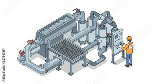 Industrial worker operating water filtration system controls in safety gear vector illustration