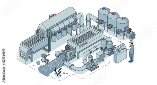 Industrial water purification system with male technician inspecting machinery vector illustration