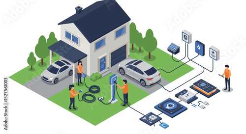 Smart home technology integration with electric car charging and solar panels vector illustration