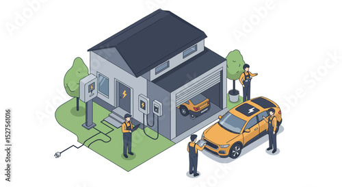 Illustration of electric car charging station at modern home with automated vehicle vector illustration