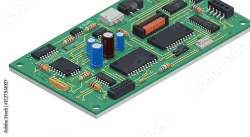 Detailed view of electronic circuit board with capacitors and microchips vector illustration