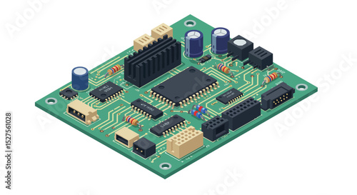 Detailed isometric view of a green circuit board with microchip and capacitors vector illustration