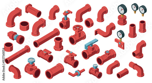 Isometric red plumbing components: pipes, valves, gauges, connectors, fittings in various shapes vector illustration