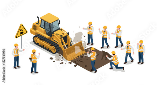 Construction crew working with bulldozer on site project vector illustration