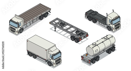 Isometric view of cargo trucks and trailers in various configurations vector illustration