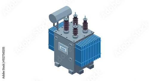 Isometric illustration of an electrical transformer with blue cooling fins vector illustration