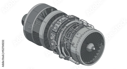 Detailed technical drawing of a jet engine with complex mechanical components vector illustration