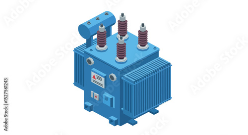 Blue electrical transformer with high-voltage insulators isometric view vector illustration