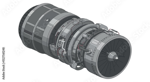 Detailed diagram of modern aircraft turbine engine with visible components vector illustration