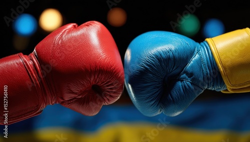 Boxing gloves, red and blue, facing off