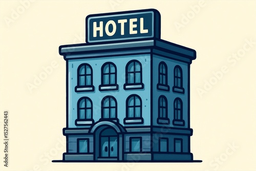 Cartoon Hotel Building with Sign and Arched Windows