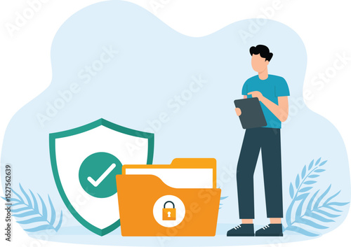 Cyber security database and personal data security, cyber data security privacy. people protect personal information with software.
