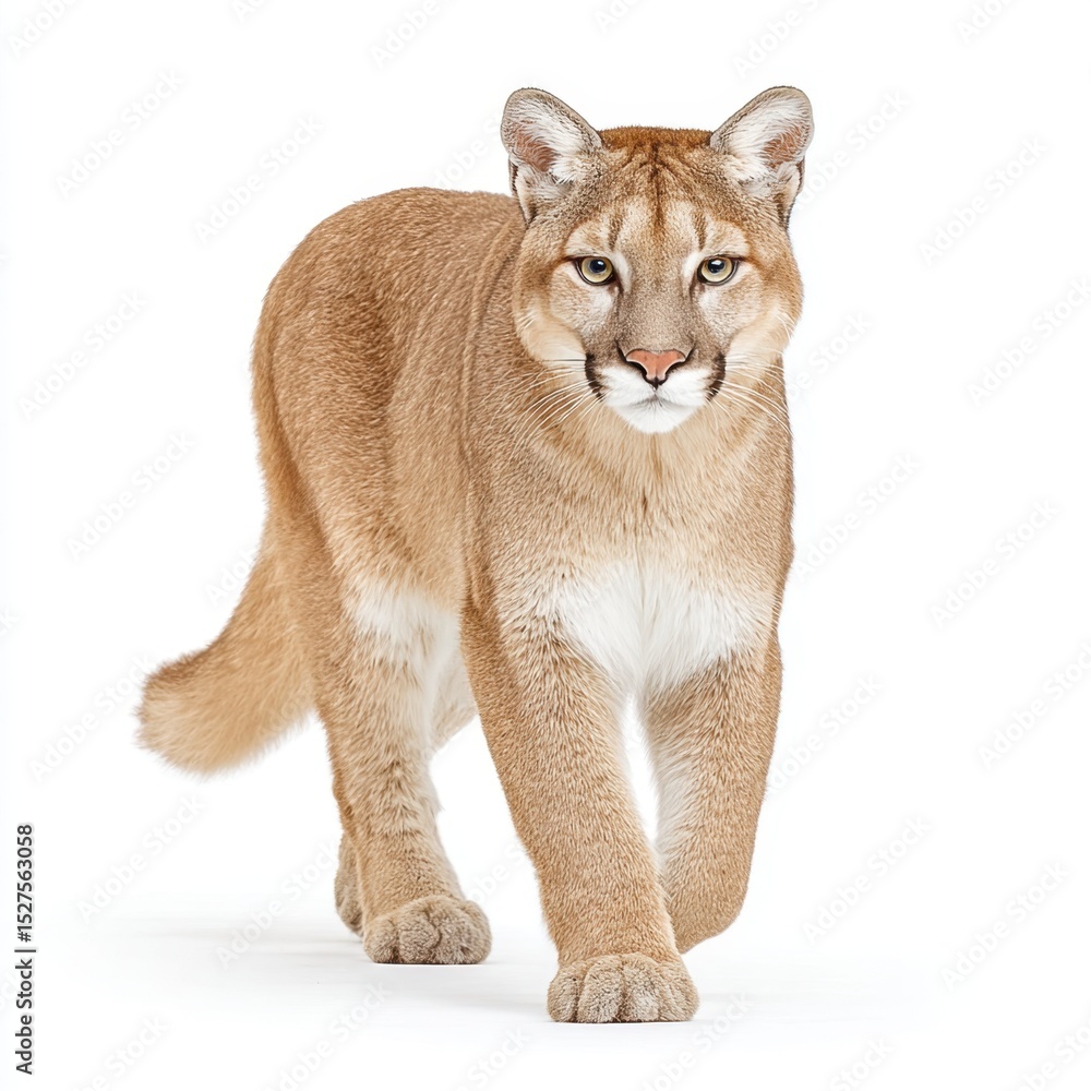 Fototapeta premium Powerful cougar walks directly toward viewer against simple white background.