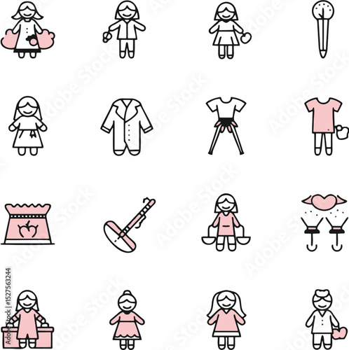 Ein elegantes Vektor-Icon-Set zeigt verschiedene stilvolle Damenbekleidung, Accessoires und Modeelemente. Ideal für Modeblogs, Styleguides und E-Commerce-Websites