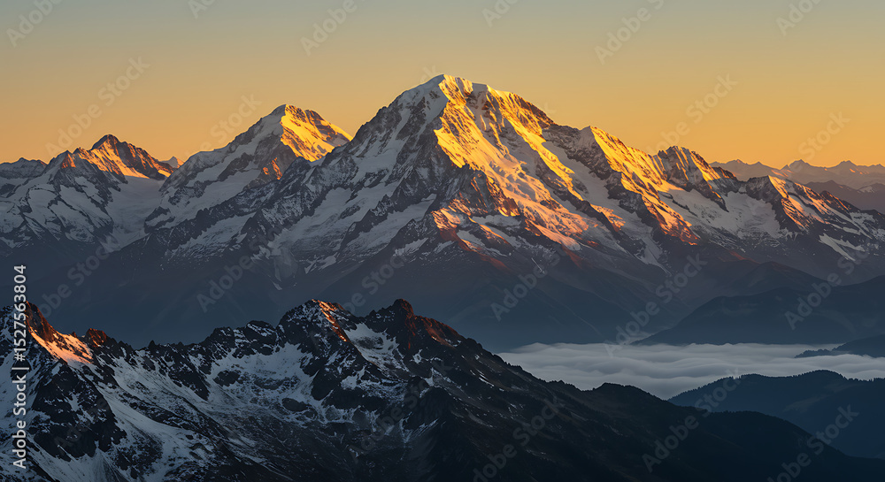 Fototapeta premium Golden Hour Sunrise over Majestic Snow-Capped Mountains