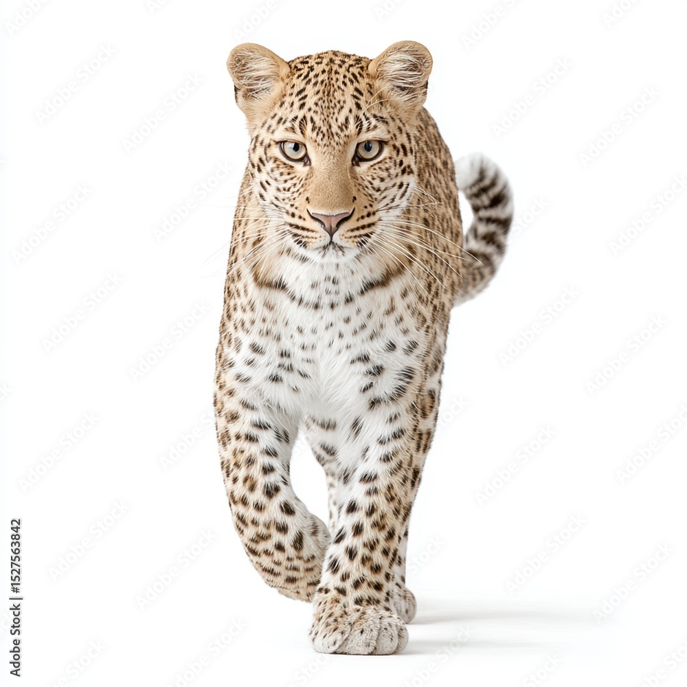 Fototapeta premium A leopard walks forward while looking at the camera on a white background.