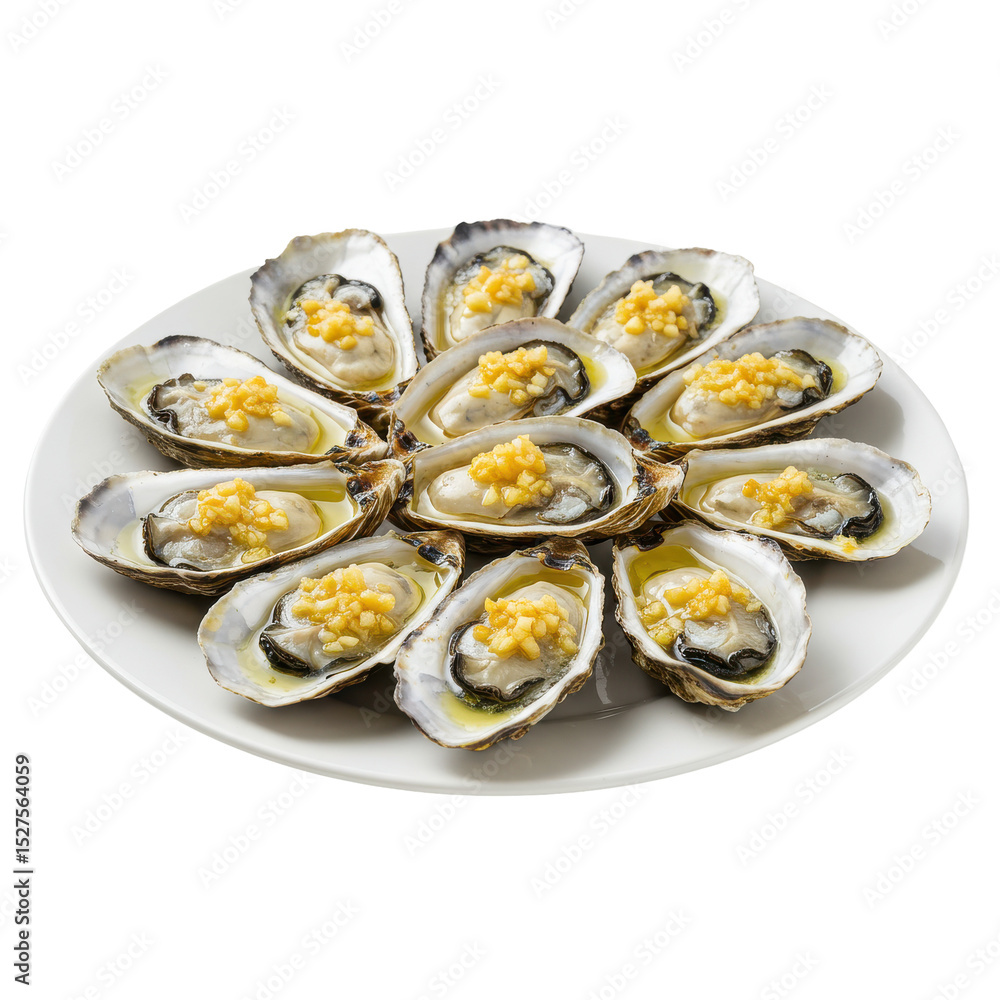 Freshly served oysters on a white plate with yellow garnish, perfect for seafood lovers Freshly served oysters on a white plate with yellow garnish, perfect for seafood lovers