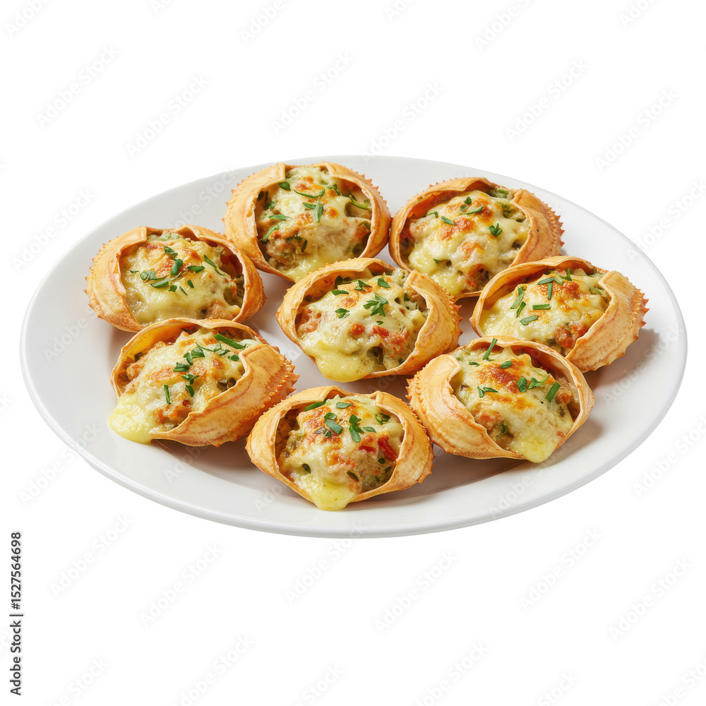 Delicious baked pastry shells filled with savory cheese and vegetables on a white plate Delicious baked pastry shells filled with savory cheese and vegetables on a white plate