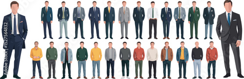 Men’s fashion outfit collection vector, formal business suits and casual clothing set, stylish male model wardrobe illustration for design concept