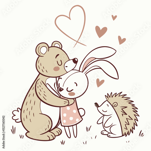 Whimsical Woodland Romance:  A tender scene unfolds with a cuddly bear embracing a sweet rabbit, both surrounded by floating hearts, all under the watchful eye of a curious hedgehog.
