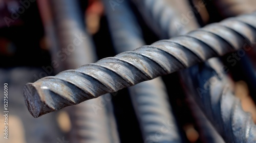 Close-up of a ribbed steel bar with helical ridges showcasing a metallic gray hue and signs of rust, set against a blurred background of similar steel bars creating a bokeh effect with warm and cool t