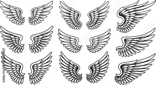 Wing Silhouette Set with Feathered Flight Art Design, Perfect for Freedom Sky Decor and Angelic Illustration