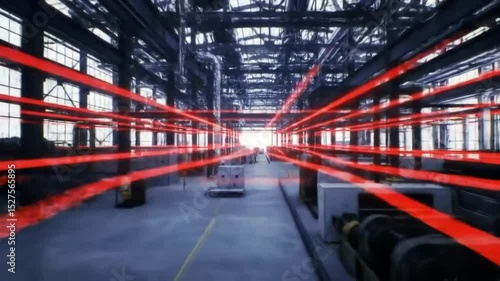 Industrial Factory Interior with Dynamic Red Lines  A Futuristic Manufacturing Concept