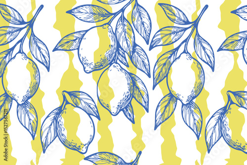 Seamless lemon pattern with hand drawn blue outlines of lemons and leaves over bold yellow and white wavy stripes. Fresh, modern, and perfect for summer designs. Vector illustration