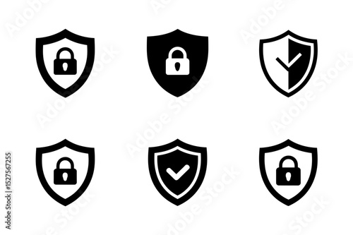 Collection of six security shield icons in black