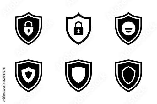 Six black shield icons with security themes shown