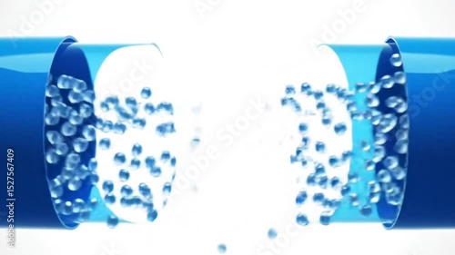 3D Render of Capsule Breaking Apart, Releasing Tiny Blue Spheres