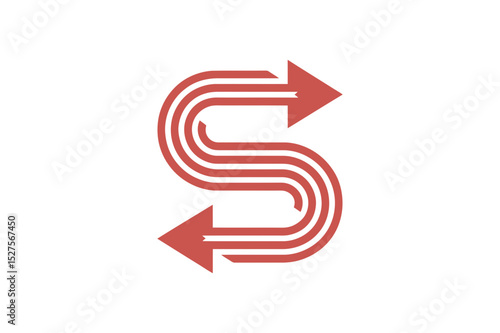 Red s shaped arrow with three lines on white background