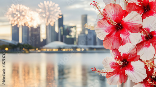 Vibrant red-and-white hibiscus garland on satin, festive Singapore National Day with fireworks in the backdrop, celebrating elegance and patriotism.