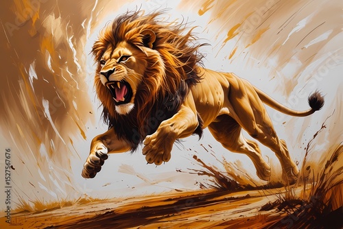 The lion is jumped in the air with roaring in agry. King of Wildlife.