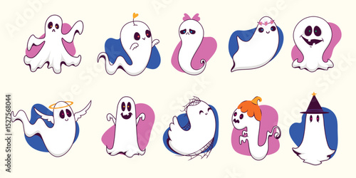 Halloween Cute Ghosts in Hand Drawn Style. Set of spooky cartoon characters. Ghost icon. Playful night spirits with decorations. perfect for cards, patterns, print, web