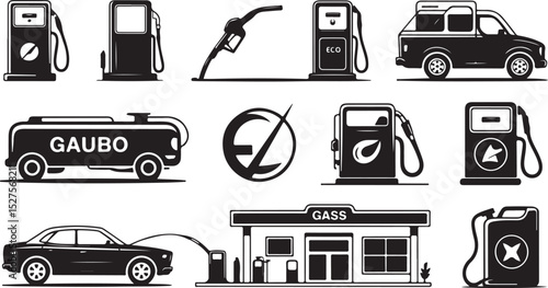 Gas Station Silhouette Set with Pump Truck Fuel Art Design, Perfect for Automotive Travel Decor and Energy Fueling Illustration