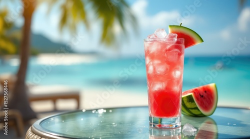 summer cocktail wanderlust. Refreshing cocktail with watermelon served on a table overlooking a serene beach and ocean in the background.