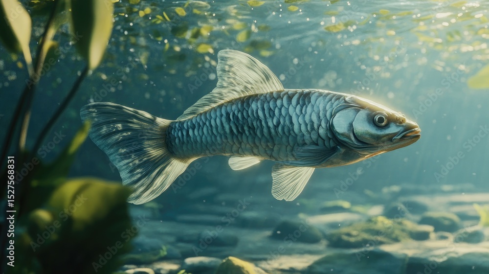 Fototapeta premium A fish swims in a sunlit underwater scene. Aquatic plant life and rocks surround it