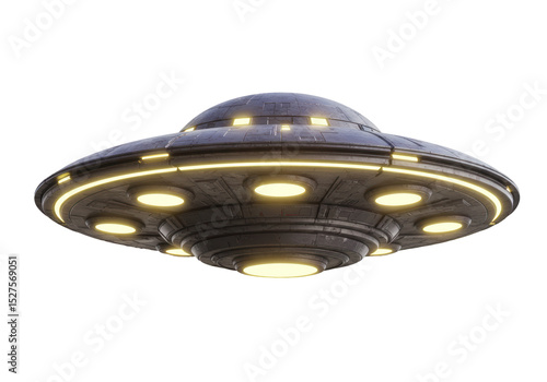 Isolated Metallic Gray UFO with Glowing Lights