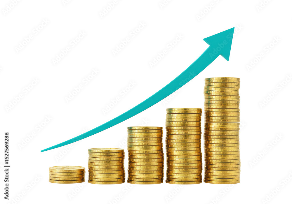 Isolated Growing Stack of Gold Coins with Upward Arrow Isolated Growing Stack of Gold Coins with Upward Arrow