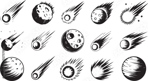 Meteor Silhouette Collection with Crater Stars for Cosmic Art Design, Perfect for Astronomy Galaxy Decor and Falling Rock Illustration