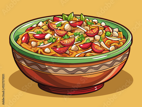 vector of Pickled or finely chopped all the pickled items in a large bowl, ready to pour into a container with a lid and store the pickle. On rustic table, simple light color background.