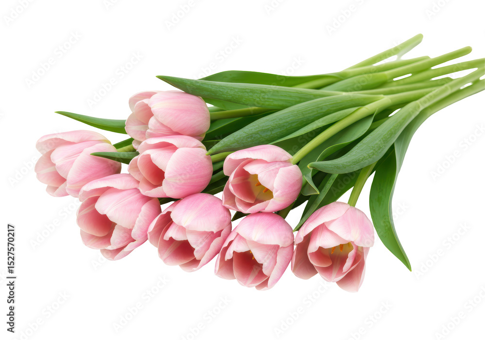 Isolated Bunch of Light Pink Tulips with Green Leaves Isolated Bunch of Light Pink Tulips with Green Leaves